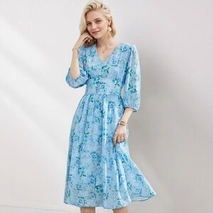 Blue 100% Silk Chiffon Dresses Elastic Waist Summer Style S-M  MSRP $279 SK1